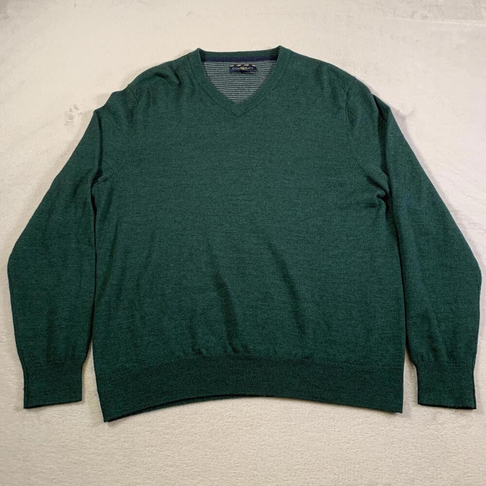 Club Room Sweater Mens Large (Tag XL Fits L) Green Merino Wool Blend‎ V Neck